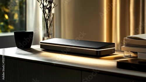 Modern black air purifier with minimal design on wooden table near books and cup in cozy home interior.