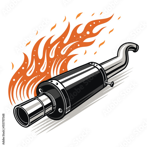 Hand-drawn sketch of a powerful exhaust pipe with fiery flames and motion lines.