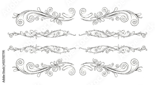 Four decorative floral dividers with swirling tendrils and delicate leaf details, arranged symmetrically.
