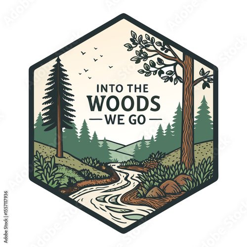 A serene forest landscape is encapsulated within a hexagonal frame, featuring text 'into the'.