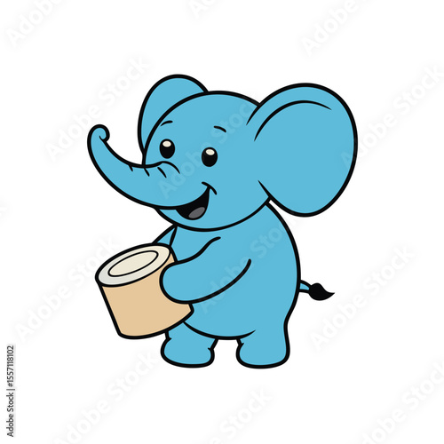 Adorable baby elephant joyfully playing a colorful toy drum with its trunk