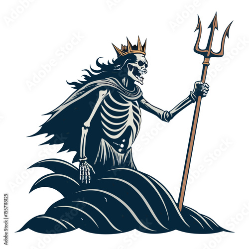 A skeletal sea king emerges, holding a rusted trident, looking eerie and powerful.