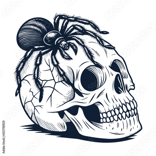A detailed illustration of a spider crawling across a weathered, cracked human skull, isolated on white.