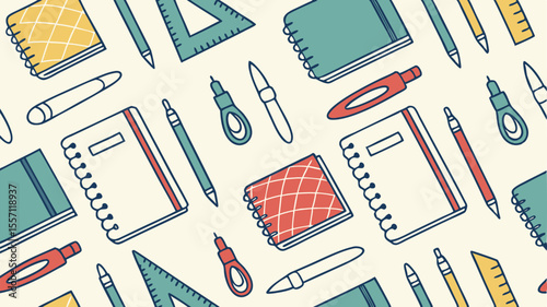 Seamless pattern featuring school supplies such as notebooks pens rulers and erasers scattered randomly around page