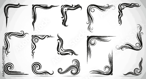 Collection of decorative corner elements with elegant swirls and flourishes, presented in black on a white background.