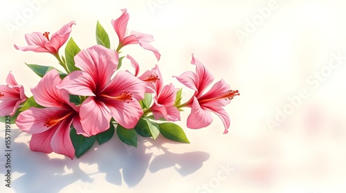 Delicate watercolor painting, wet rainy scene, pink hibiscus and plumeria blossoms on sandy beach, translucent washes, fluid brushstrokes, drizzling rain, reflective surfaces