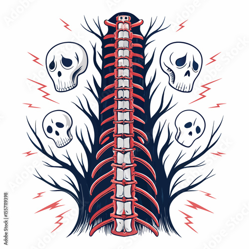 Spine with exposed nerves intertwined with ghostly faces in a dark, surreal, isolating anatomical scene.