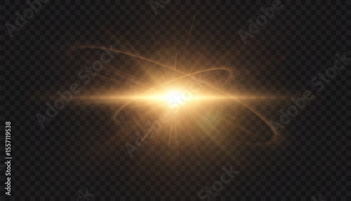 Abstract golden light effect with rays and glare and particle explosion effect on transparent background. Vector 10 EPS