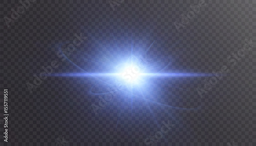 Bright vector light burst with blue glow and horizontal glare on transparent background. Used in explosion, energy and special effects design. png