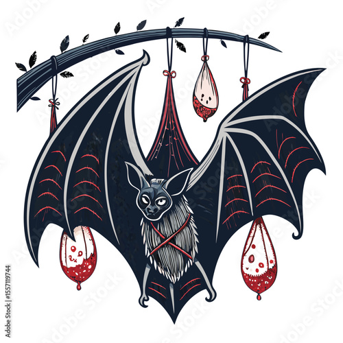 Stitched, batwing shape, hanging organs, fleshy, gruesome, isolated, white background, detailed texture.