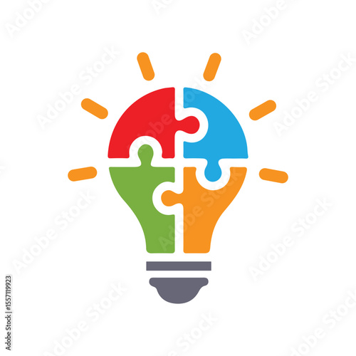 Colorful lightbulb with puzzle Icon Logo, symbolizes idea generation, innovative thinking, creative solutions, and problem solving.
