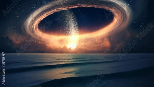 Cloudy sunset sky with giant hole in rotating in atmosphere over the ocean. Apocalyptic landscape.