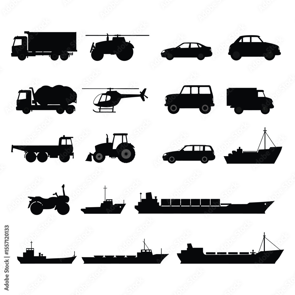 Fototapeta premium Collection of Transportation Silhouettes Vehicles, Trucks, Ships, and More