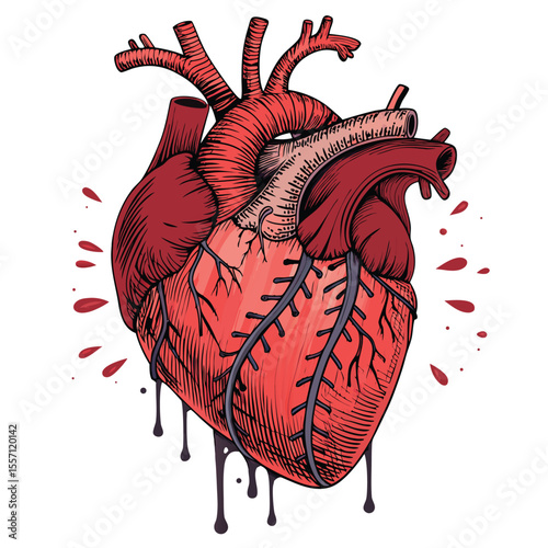 Stitched anatomical human heart, blood dripping, sharp edges, unsettling, macabre, detail, dark fantasy.