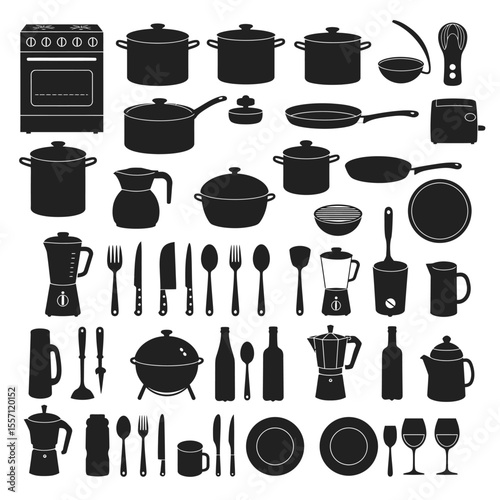 Extensive Collection of Kitchen Utensils and Cookware Silhouettes