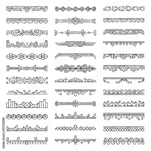 Collection of ornate, symmetrical, horizontal design elements in black and white, suitable for borders or dividers.