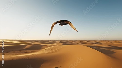 Majestic Bird in Flight Over Expansive Desert Dunes Under a Clear Sky