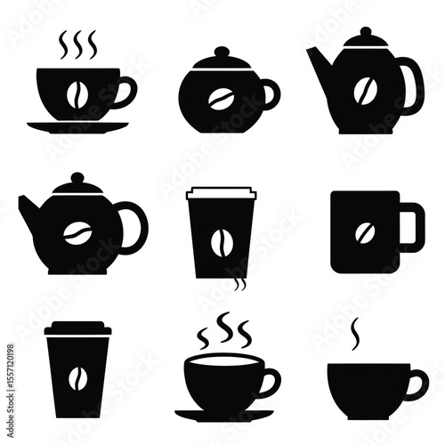 Coffee Icons Cups, Mugs, and Teapots -  Silhouette Illustrations