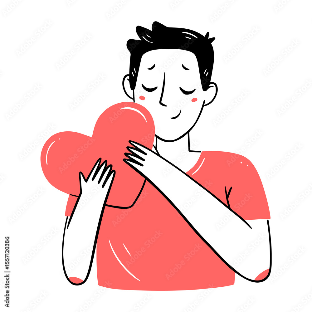 Fototapeta premium Young man hugging a heart in a simple linear doodle style. isolated illustration.