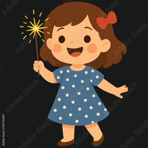 Cute cartoon illustration of a little girl with a red flower, smiling with joy, Independence Day, 4 july