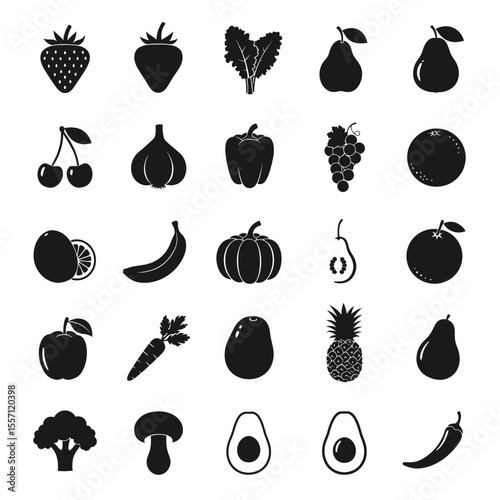 Collection of Black and White Fruit and Vegetable Icons