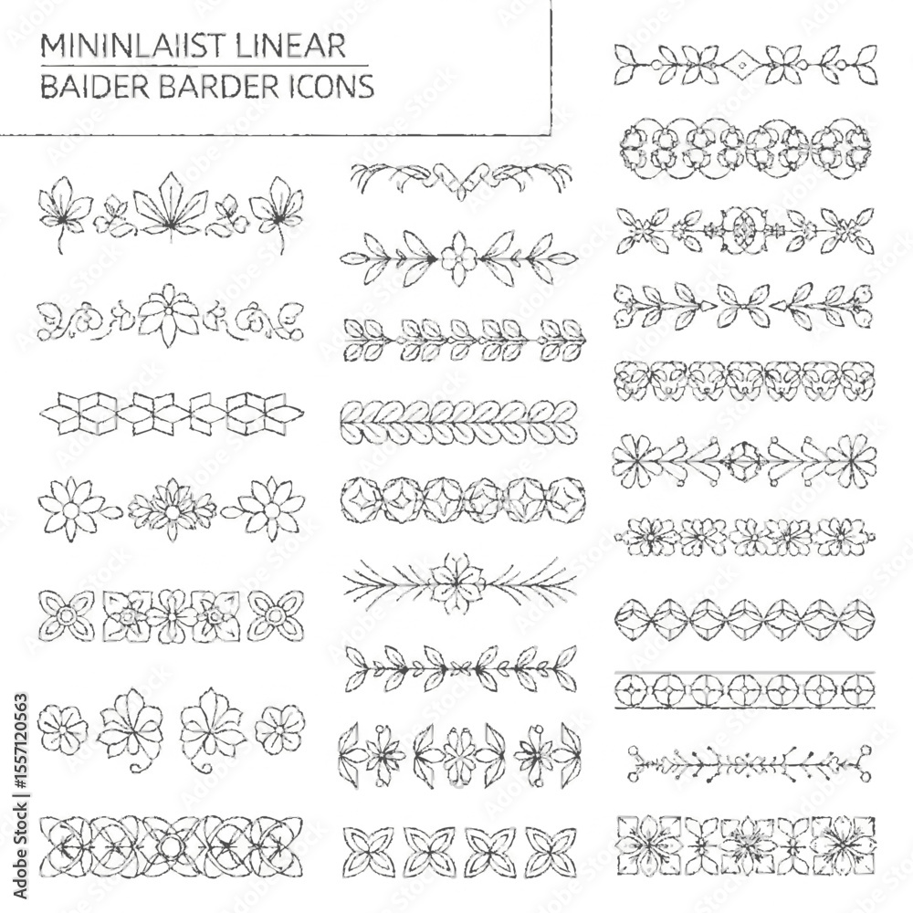 Fototapeta premium Minimalist linear border icons featuring various floral and geometric designs arranged in rows.