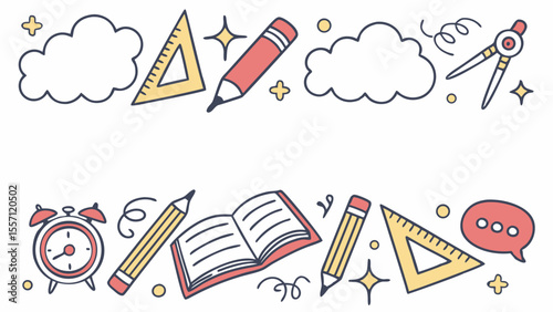 Doodle style back to school border with clouds, school supplies and stationery items arranged in a row