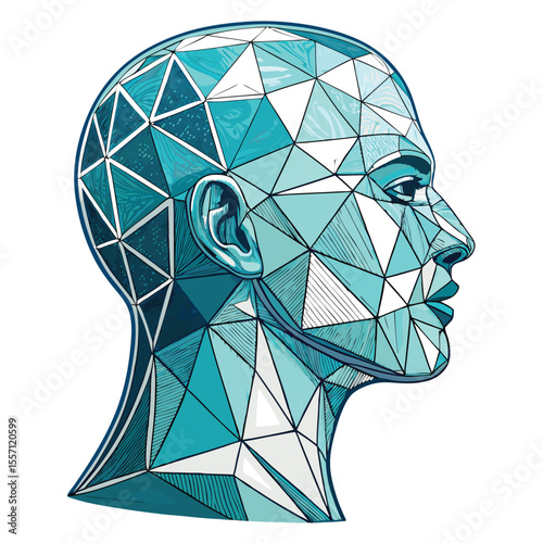 A digitally rendered, abstract human head, constructed from transparent, reflective triangular mesh.