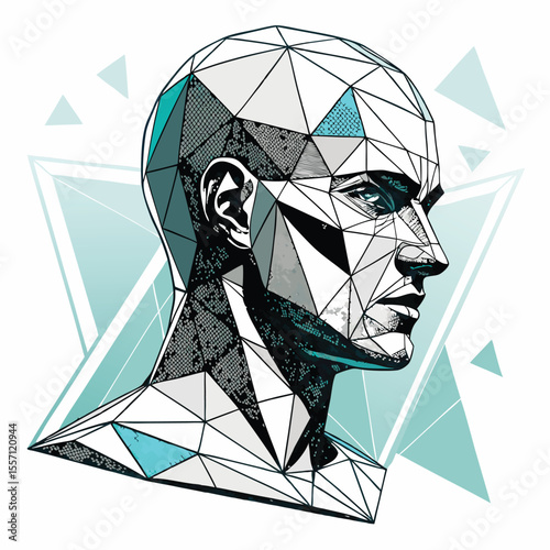Low-poly 3D model of a human head, composed of simple triangles, creating a geometric mesh effect.