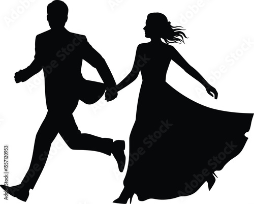 Silhouette of Couple Running Hand in Hand, Romantic and Dynamic Love Concept