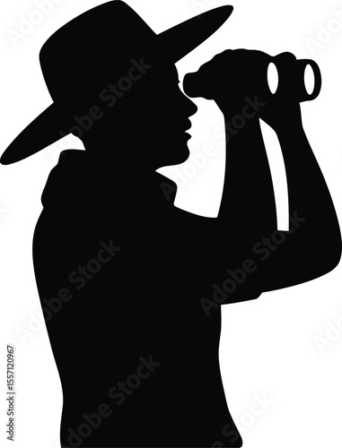 Silhouette of Man with Binoculars Vector Illustration, Exploration and Adventure Concept