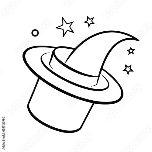 magician hat with swirling stars line outline