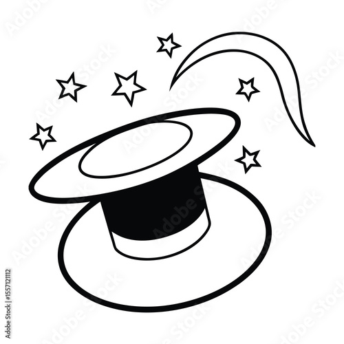 magician hat with swirling stars line outline