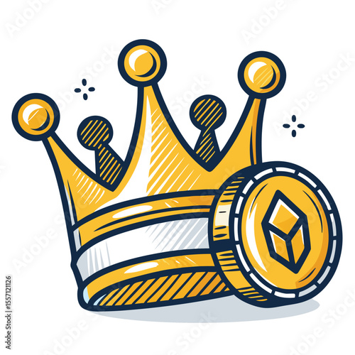 Stylized gold crown & coin icon, mobile game leader reward. Flat design.