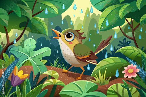 vector of Photo of bird playing raindrop on natural green leaf, tropical forest background for wild animal nature scene