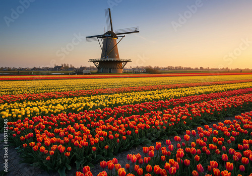 Windmill and tulip fields at sunset