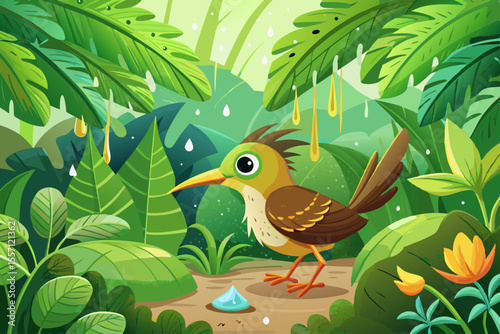 vector of Photo of bird playing raindrop on natural green leaf, tropical forest background for wild animal nature scene