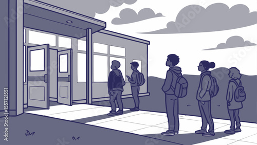 Students standing in line outside a school building with open doors and cloudy sky in the background