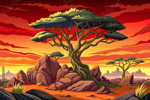 Safari and travel to Africa cartoon, extreme adventures or science expedition in a stone desert vector. Sahara desert at sunrise, mountain landscape, savanna landscape