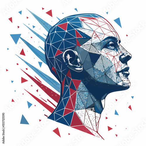 A face, abstractly rendered as a glitching, floating mesh of triangles. Digital art with a distorted, surreal effect.