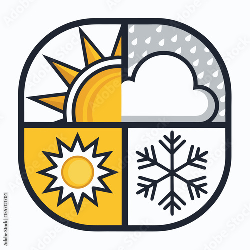 Stylized weather app logo featuring a sun, cloud, and stylized "S". Simple, modern, and clean design.