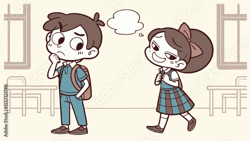 Cartoon illustration of a thoughtful boy with a thought bubble and a smiling girl in a classroom scene