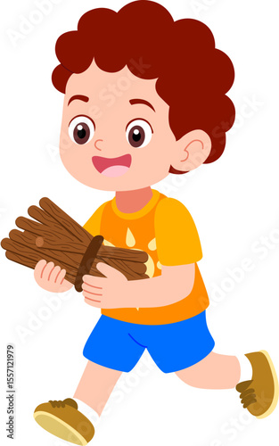 Kindergarten children's boy characters playing outdoors very happily collecting firewood