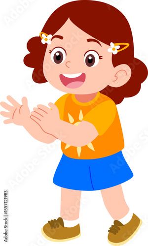 Kindergarten children's girls curly hair with ribbons characters playing outdoors playing hide and seek 