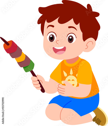Kindergarten children's boy characters playing outdoors grilled satay