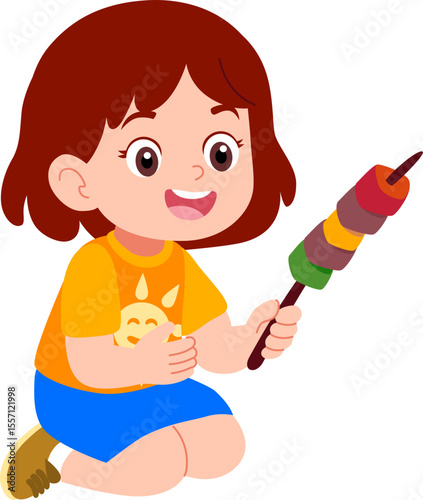 Kindergarten children's girl characters playing outdoors grilled satay