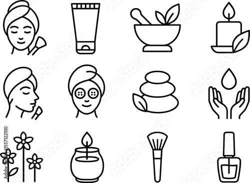 Spa and Beauty Line Icons Set for Wellness, Skincare, and Personal Care Treatments