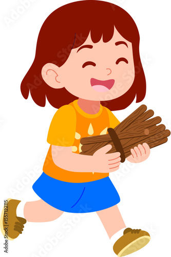 Kindergarten girl character playing outdoors collecting firewood