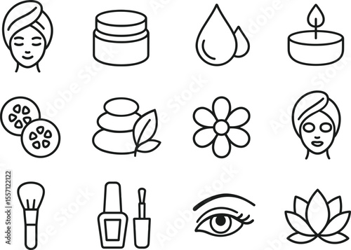 Spa and Wellness Line Icons Set for Relaxation, Beauty Treatments, and Self-Care Rituals