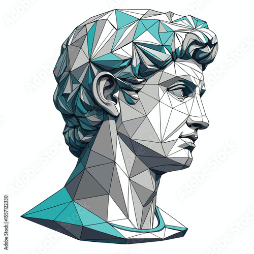 A sculpted face transitions seamlessly into an abstract network of triangles, creating a blend of realism and geometric abstraction.